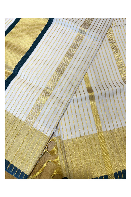 Southloom™ Premium Handloom Cotton Lines Saree with Kasavu and Green Border