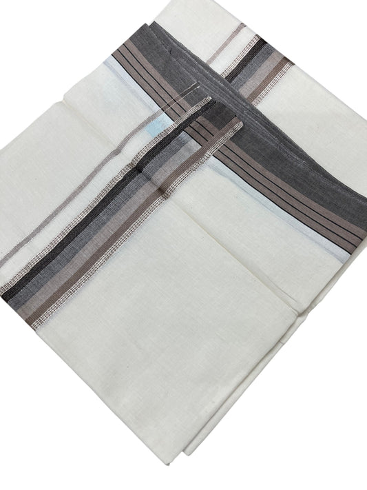 Southloom Kerala Pure Cotton Double Mundu with Silver Lines and Grey and Brown Border with (South Indian Dhoti)