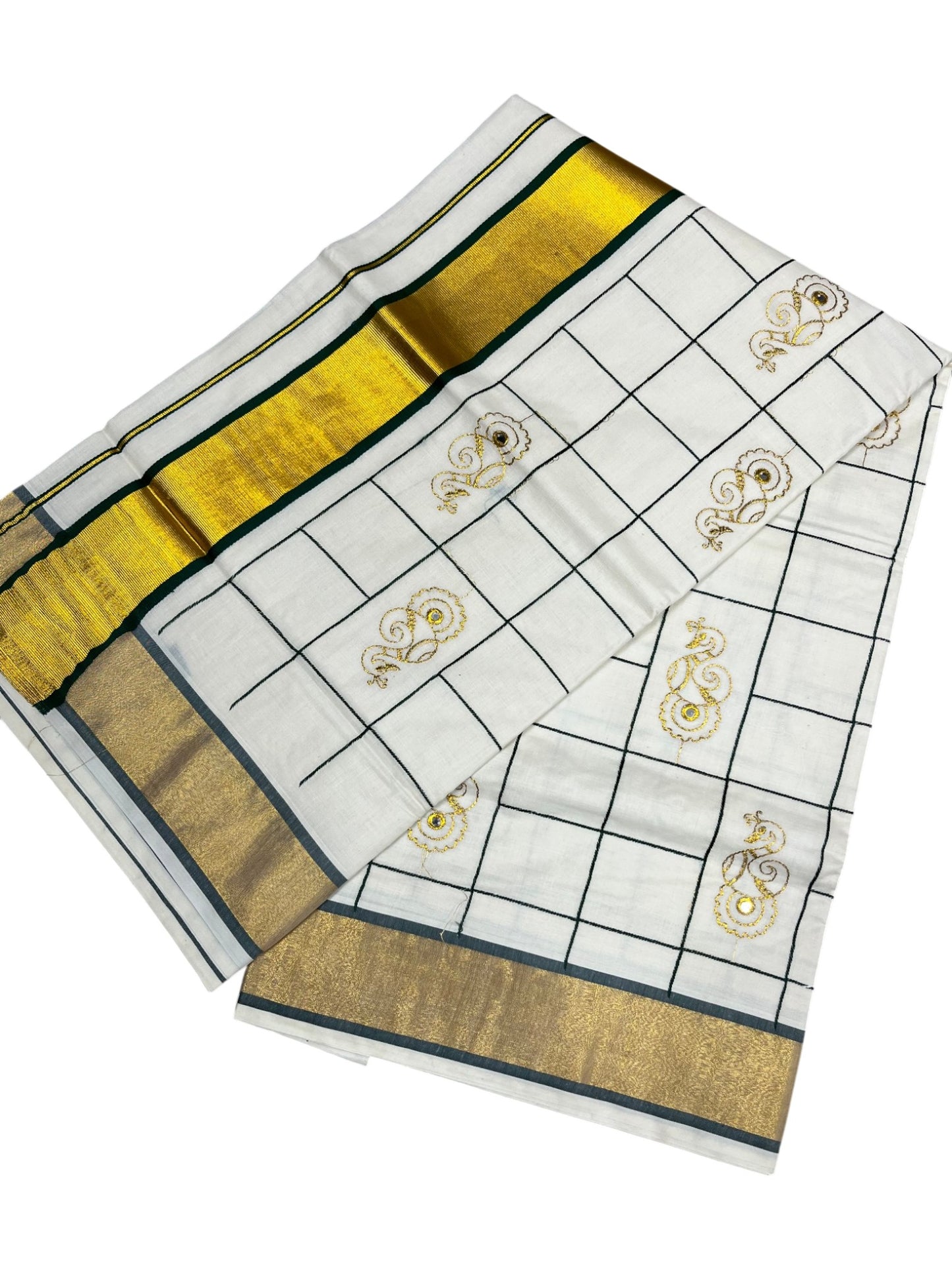 Southloom Cotton Kerala Kasavu Check Saree with Peacock Feather Embroidery Design in Green