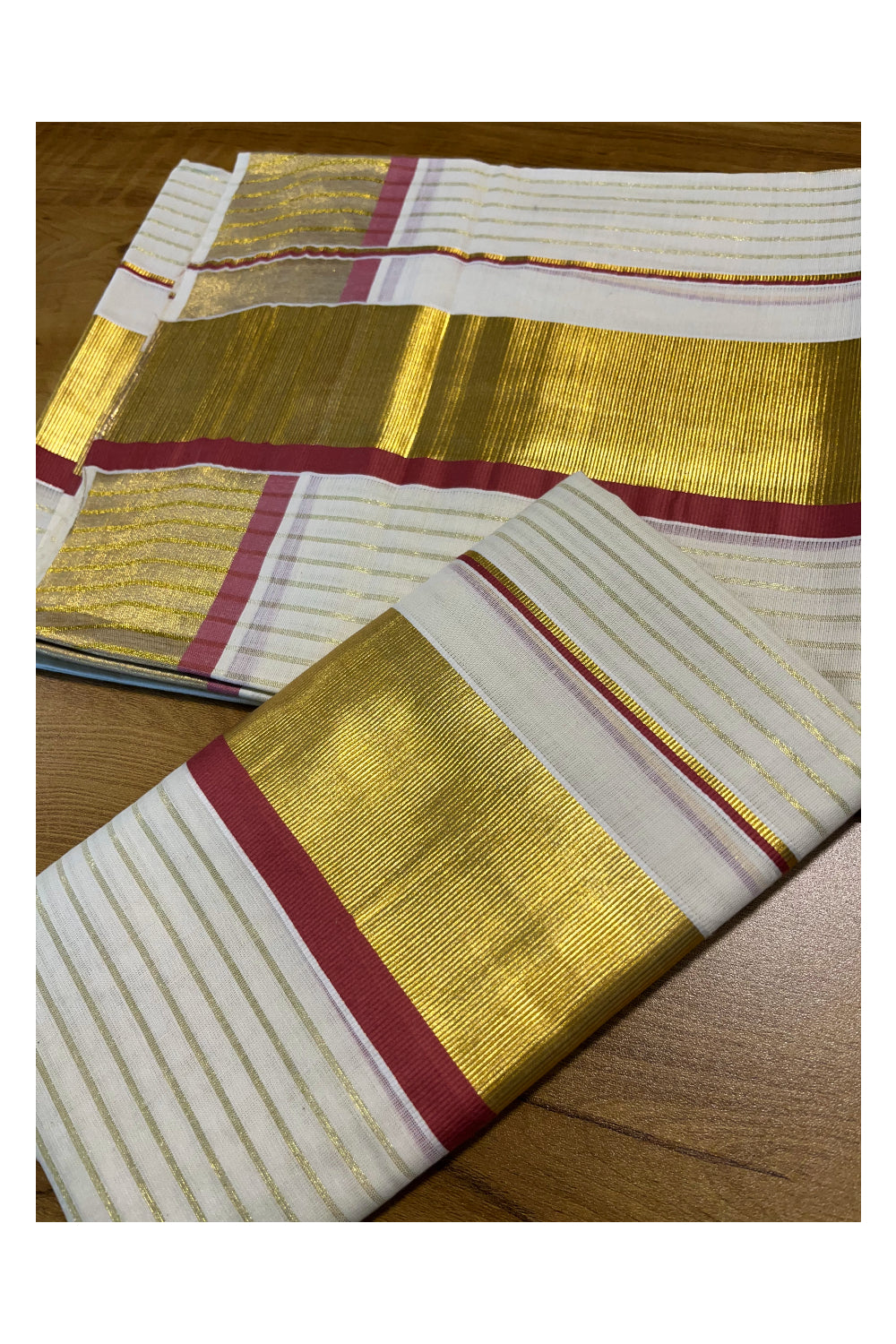 Kerala Cotton Set Mundu (Mundum Neriyathum) with Kasavu Lines on Body and Brick Red Border 2.80 Mtrs