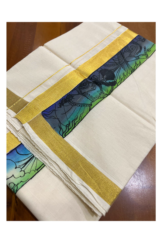 Kerala Pure Cotton Double Mundu with Mural Hand Painted Design on Kasavu Border (South Indian Kerala Dhoti)