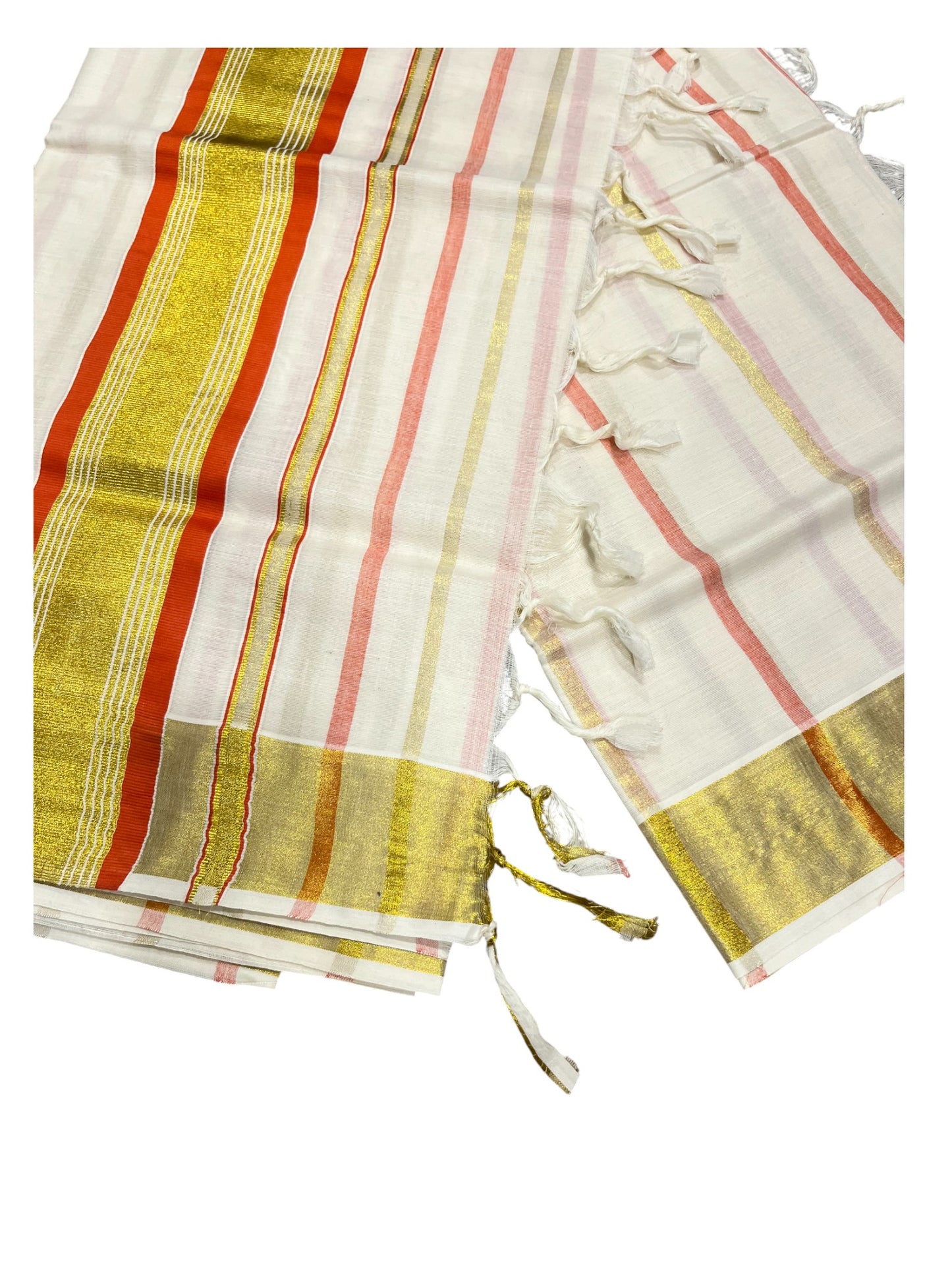Southloom Kerala Cotton Kasavu Saree with Gold And Red Lines on Body