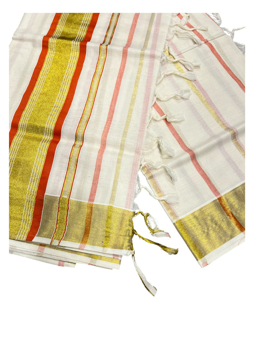 Southloom Kerala Cotton Kasavu Saree with Gold And Red Lines on Body