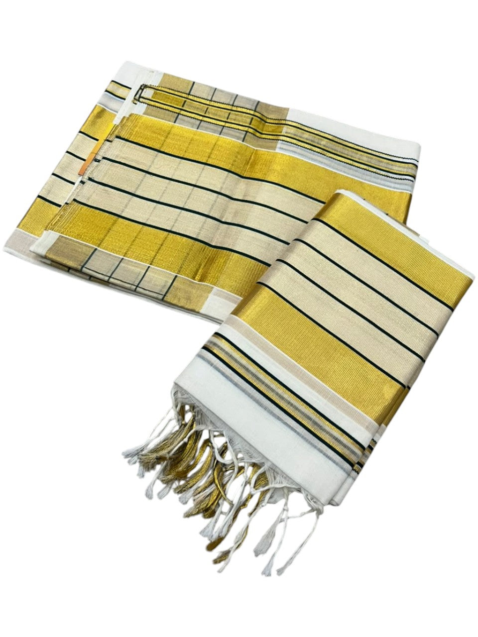 Southloom Premium Handloom Set Mundu with Kasavu With Green and Golden Border (2.80 Mtr)