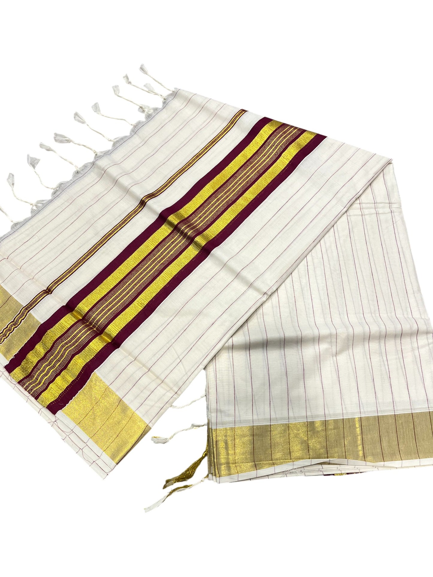 Southloom Kerala Cotton Kasavu Saree with Gold And Purple Lines on Body SL331