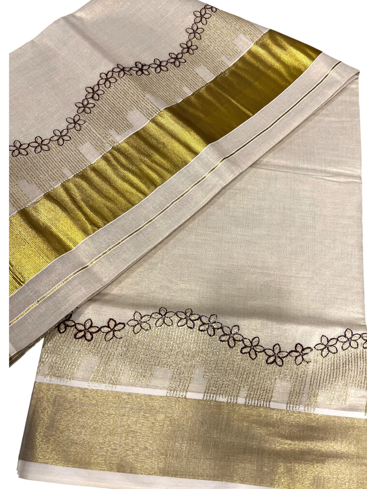 Southloom Tissue Kerala Kasavu Saree with Floral Embroidery Design
