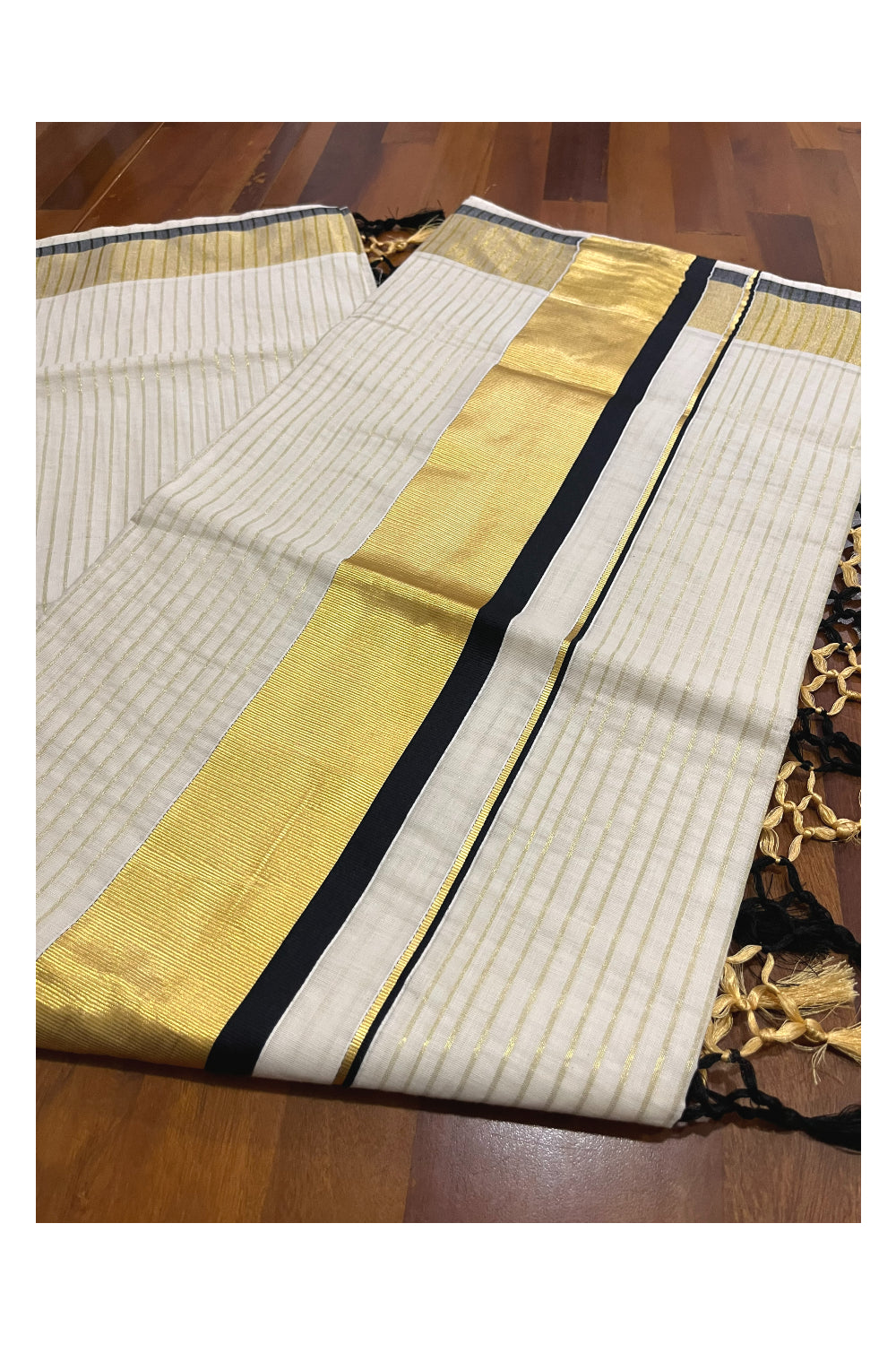 Pure Cotton Kerala Kasavu Lines Design Saree with Black Border and Tassels Work (Onam Saree 2023)