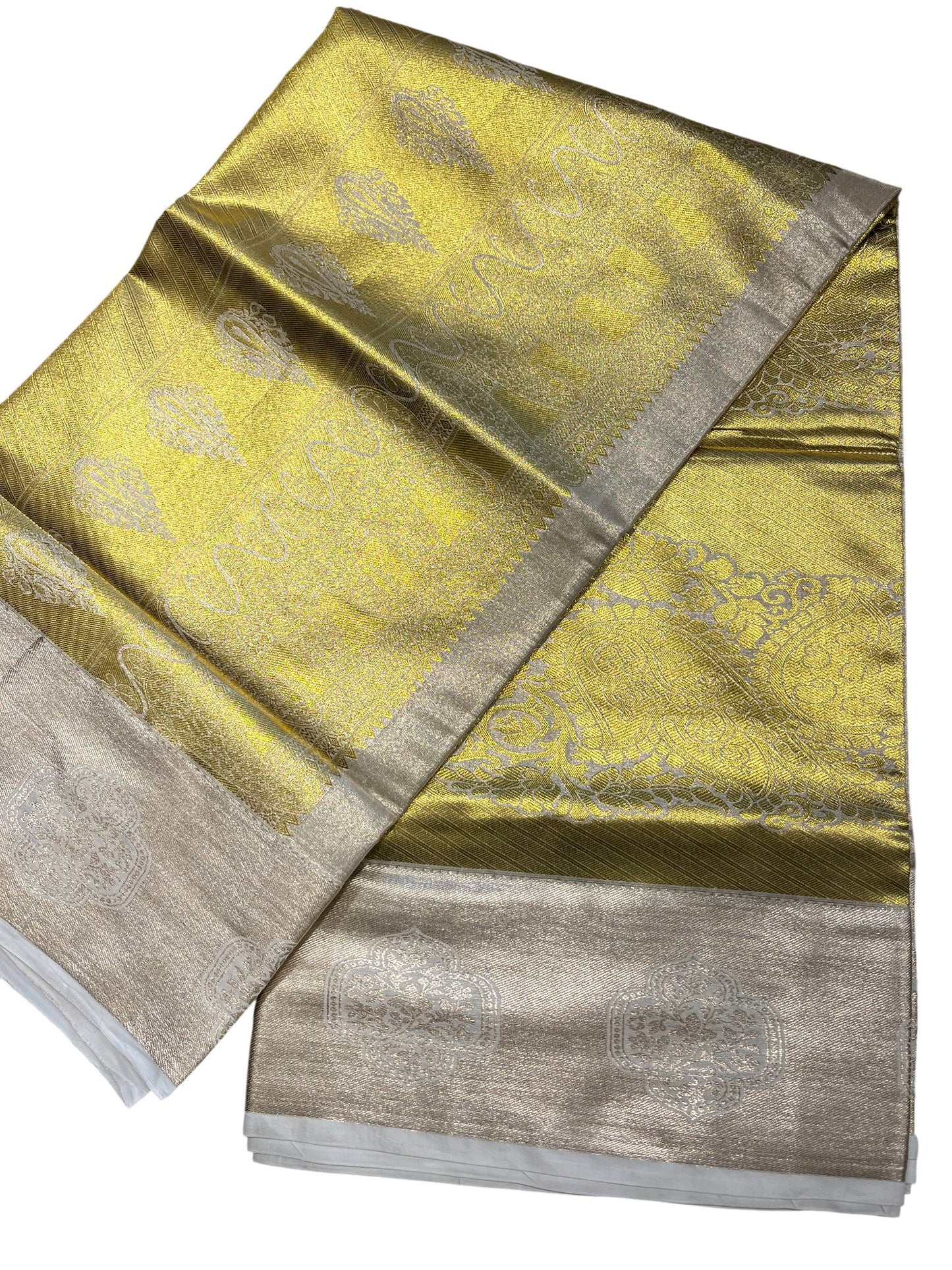 Southloom Tissue Kasavu Replica Saree with Heavy Golden Works Across Body and Kasavu Border