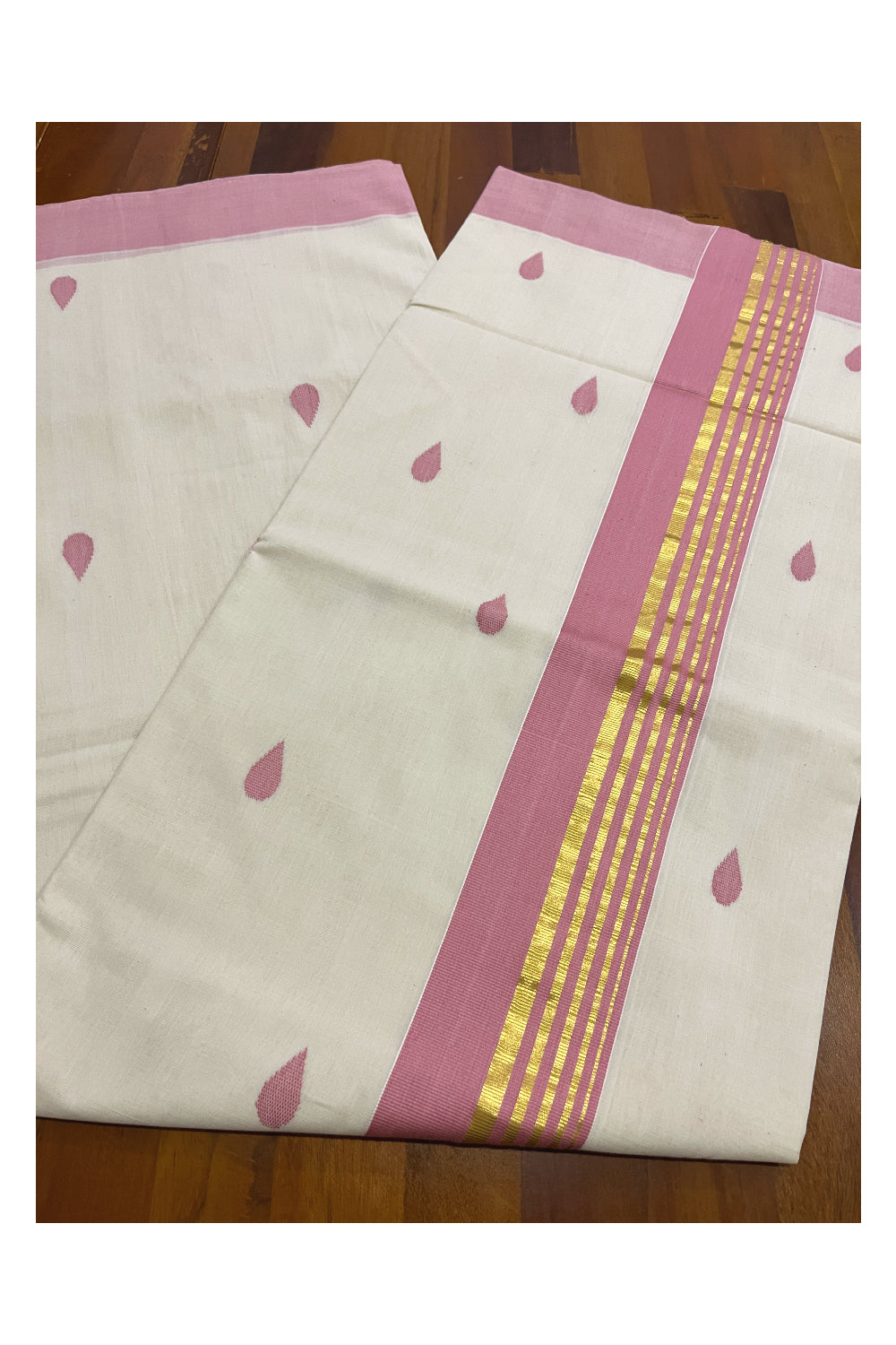 Southloom Balaramapuram Unakkupaavu Handloom Kasavu Saree with Pink Border and Butta Works on Body