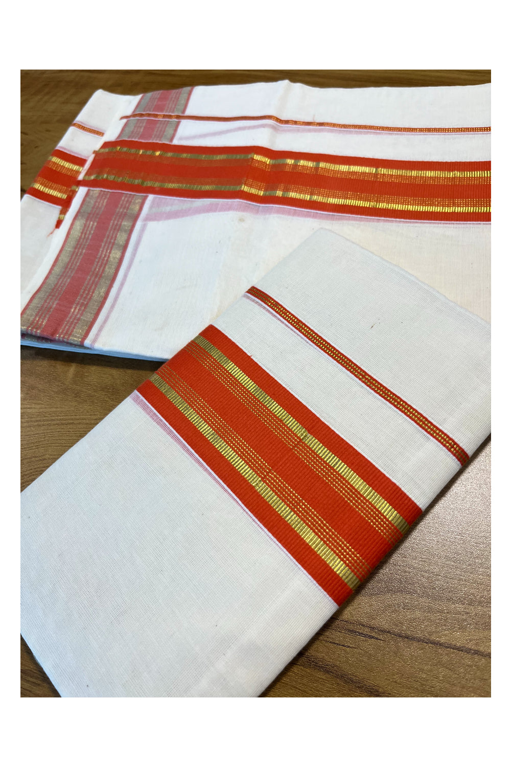 Kerala Cotton Set Mundu (Mundum Neriyathum) with Kasavu and Orange Border 2.80 Mtrs