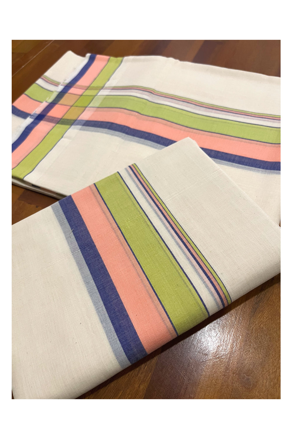 Southloom Premium Handloom Single Set Mundu (Mundum Neriyathum) with Green Peach and Blue Border