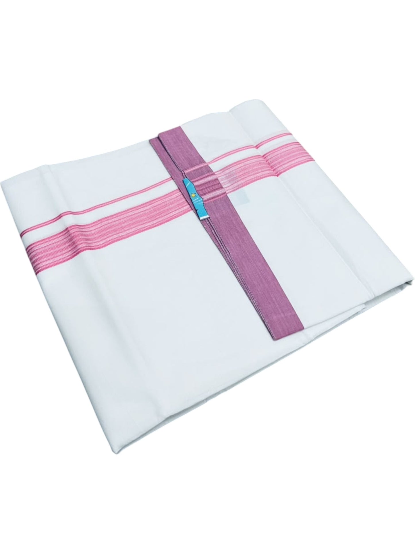 Southloom Pure White Single Cotton Mundu with Pink Border (South Indian Kerala Dhoti)