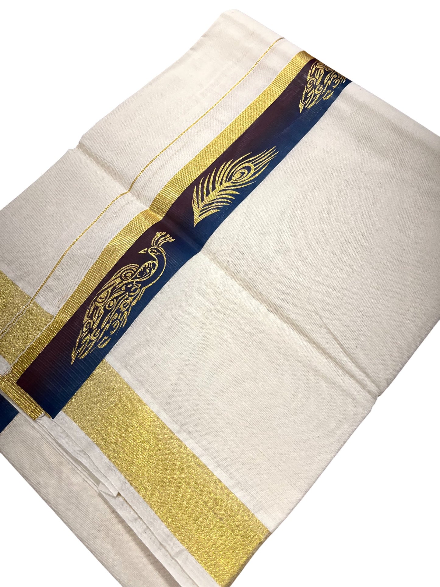 Southloom Pure Cotton Off White Double Mundu with Mural Printed Design Along Kasavu Kara
