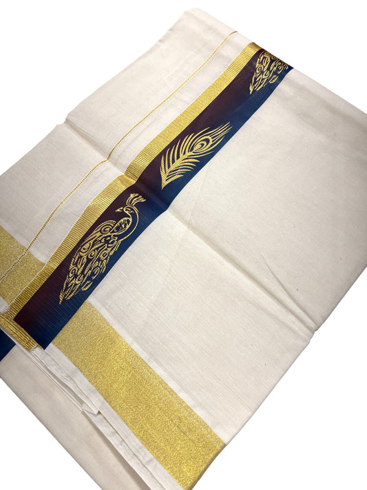 Southloom Pure Cotton Off White Double Mundu with Mural Printed Design Along Kasavu Kara