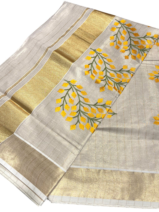 Southloom Tissue Kerala Kasavu Saree with Floral Embroidery Design