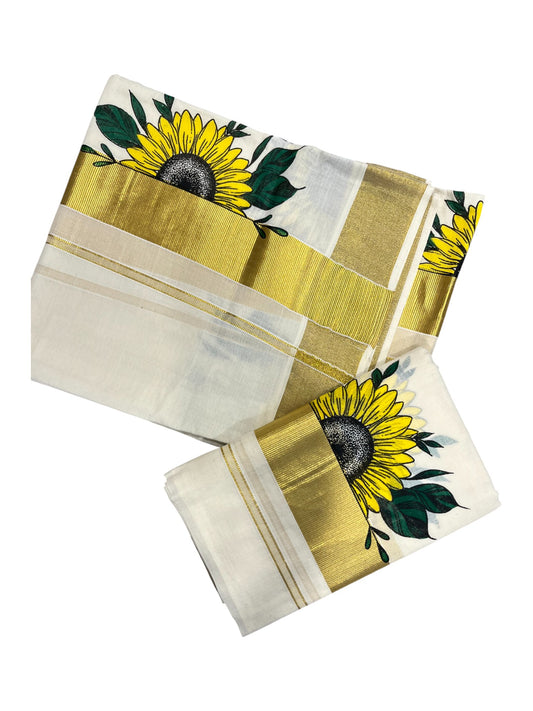 Southloom Kerala Cotton  Set Mundu (Mundum Neriyathum) with  Floral Block Printed Design