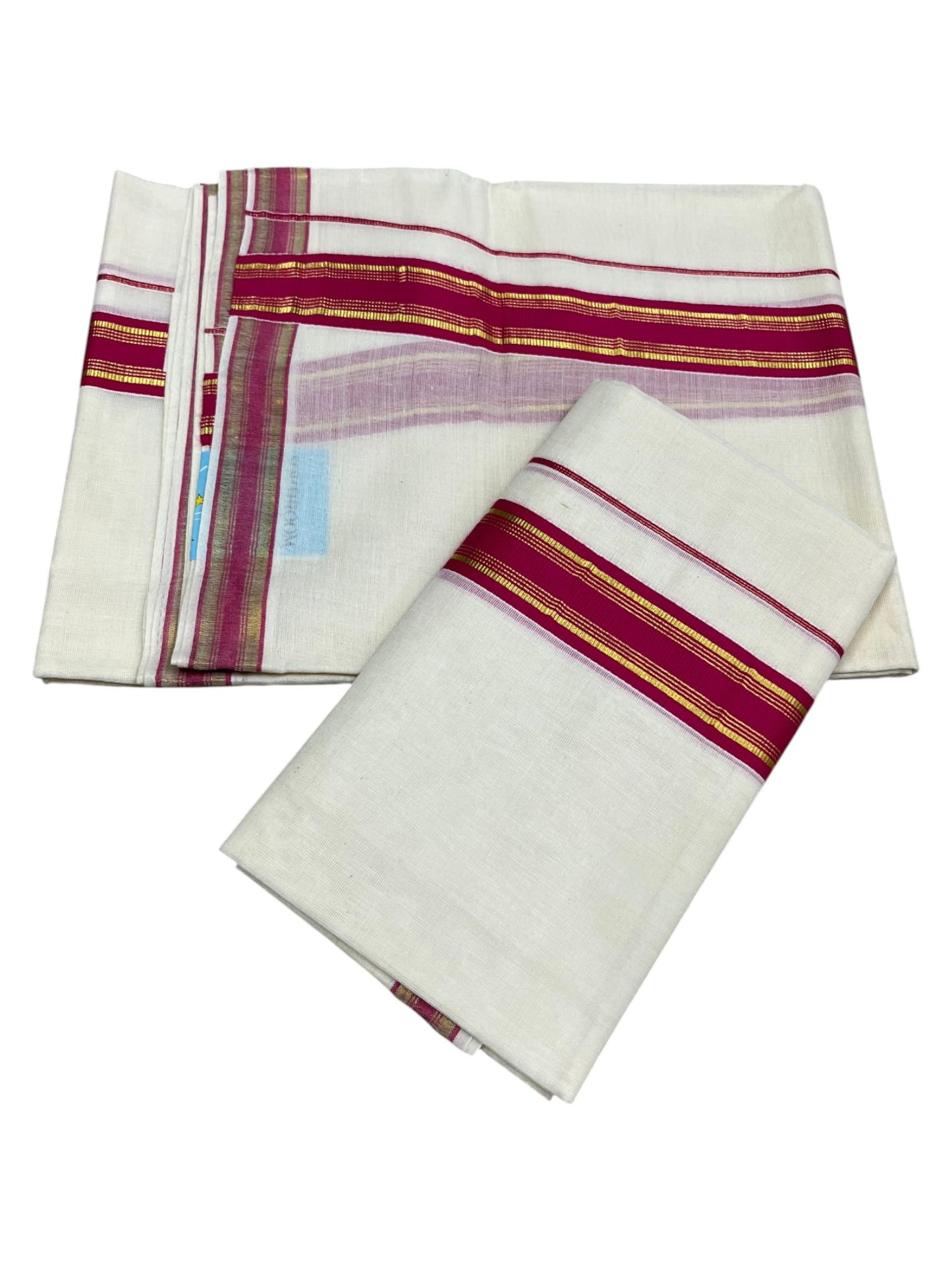 Southloom Kerala Cotton Single Set Mundu (Mundum Neriyathum) with Kasavu and  Dark Pink Border in 2.80 Mtrs SLKK SL470