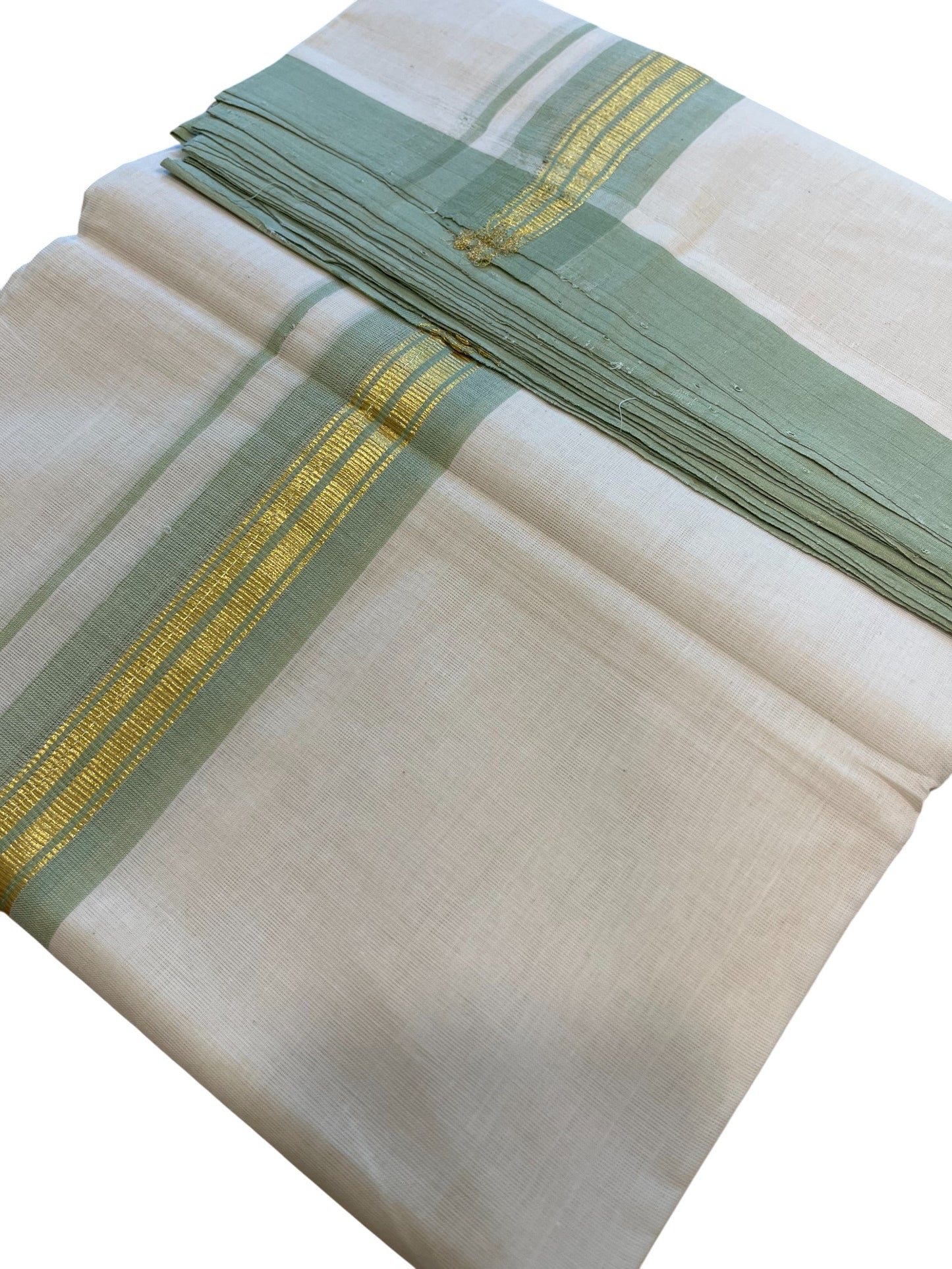Southloom Premium Handloom Cotton Double Mundu with Gold and Green Border
