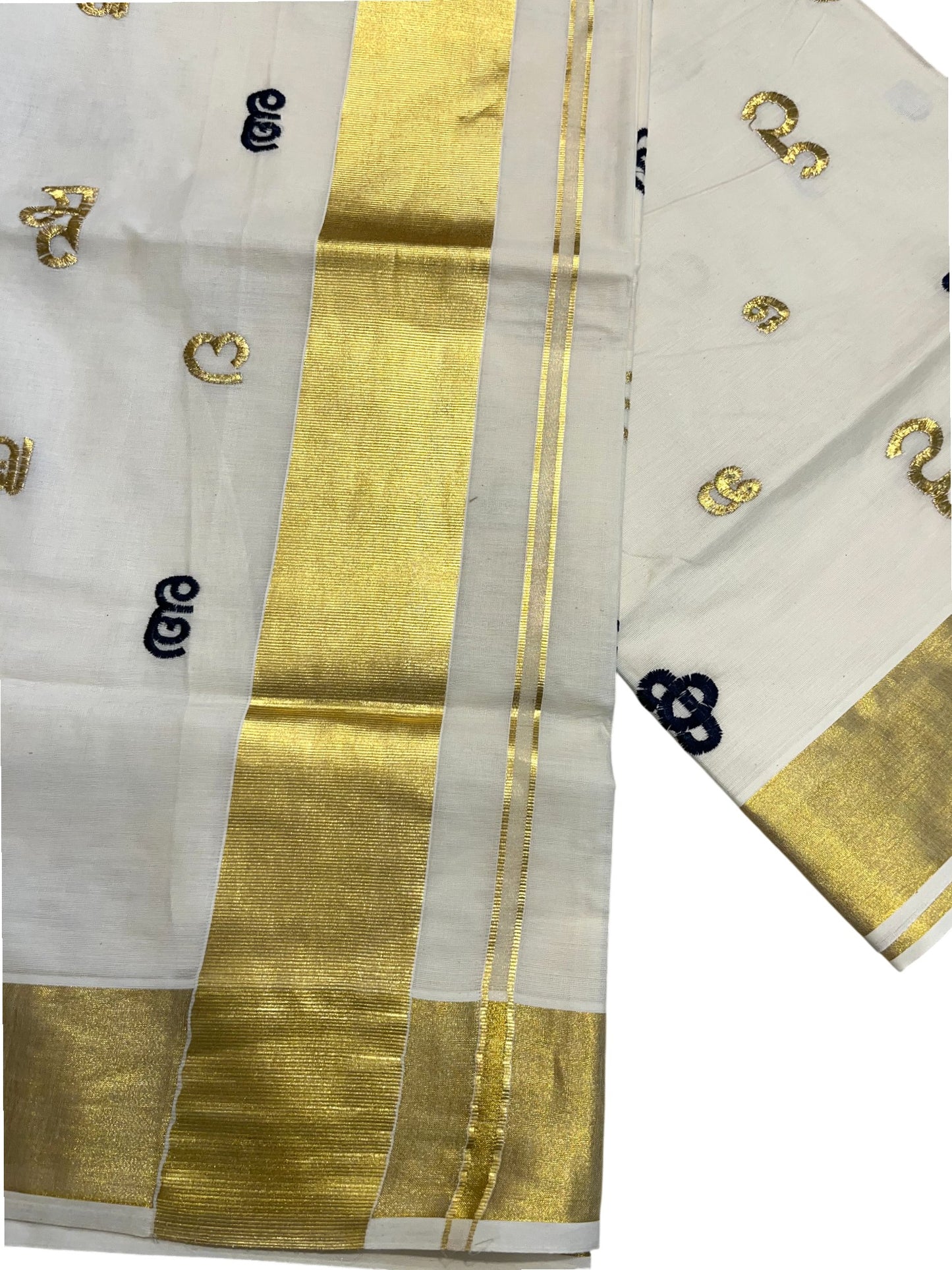 Southloom Kerala Cotton Kasavu Saree with Gold and Black Malayalam Aksharamala Embroidery Work on Body