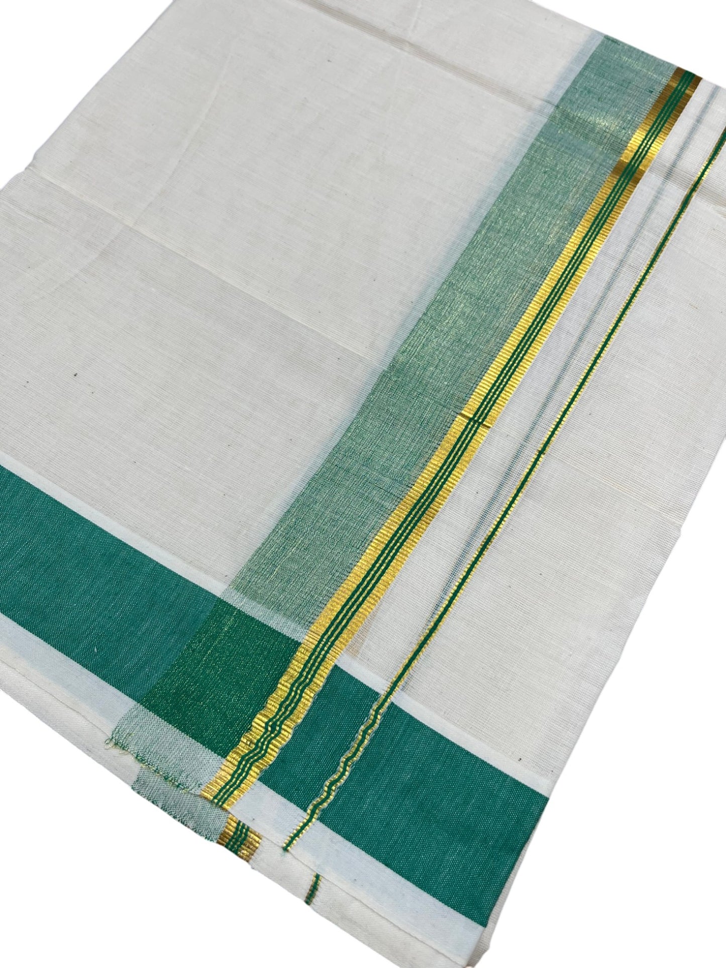 Southloom Kerala Pure Cotton Double Mundu with Gold Kasavu and Green Border with (South Indian Dhoti)