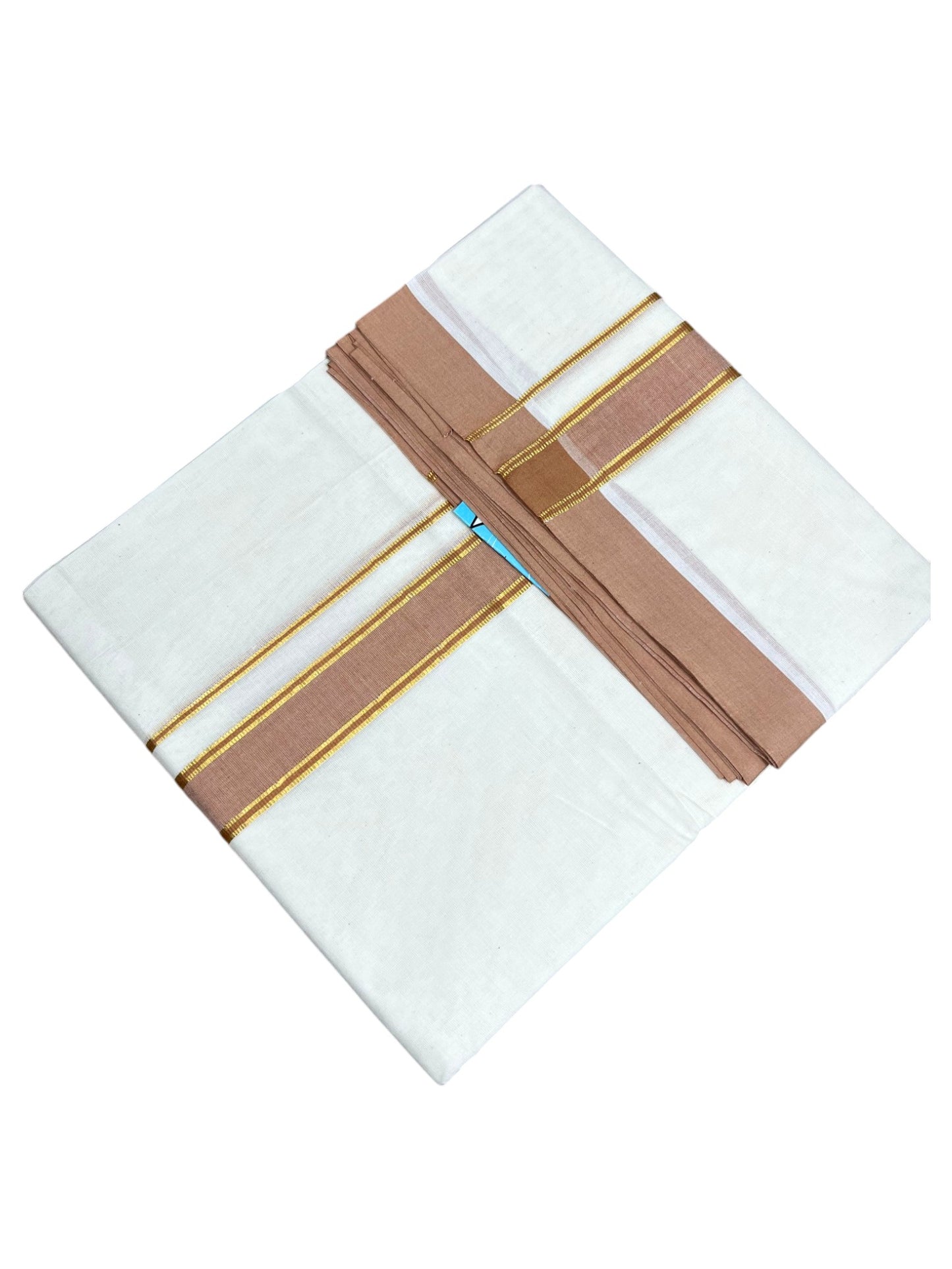 Southloom Pure Cotton Mundu with Gold Lines and light Brown Border (South Indian Kerala Dhoti)