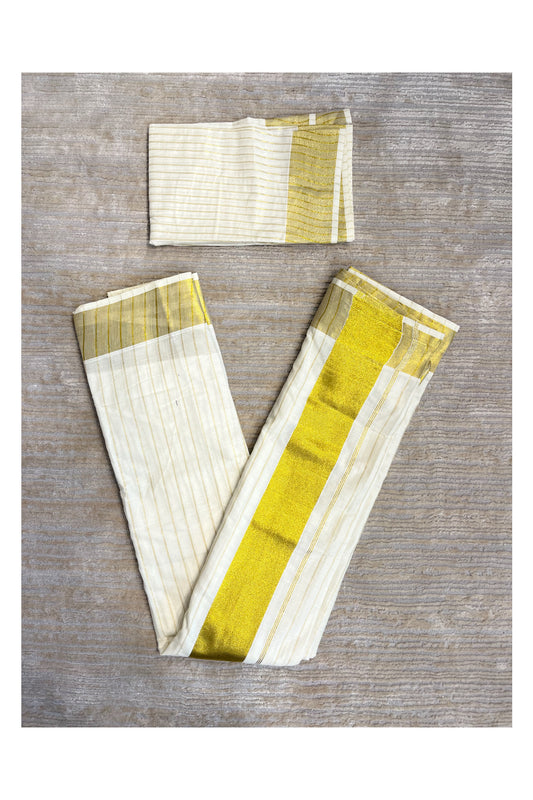 Southloom Ready to Wear Kasavu Kerala Saree with Lines Across Body and Blouse Piece