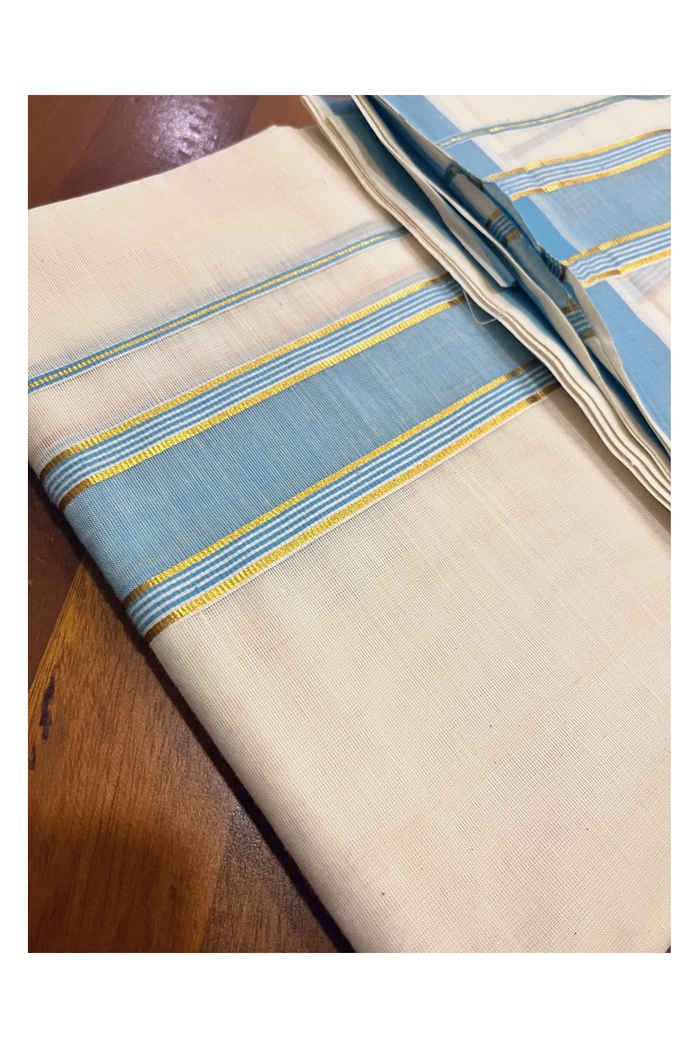 Kerala Pure Cotton Double Mundu with Light Blue and Kasavu Border