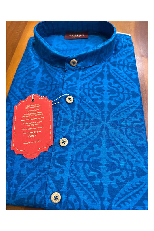 Southloom Blue Printed Semi Silk Short Kurta for Men