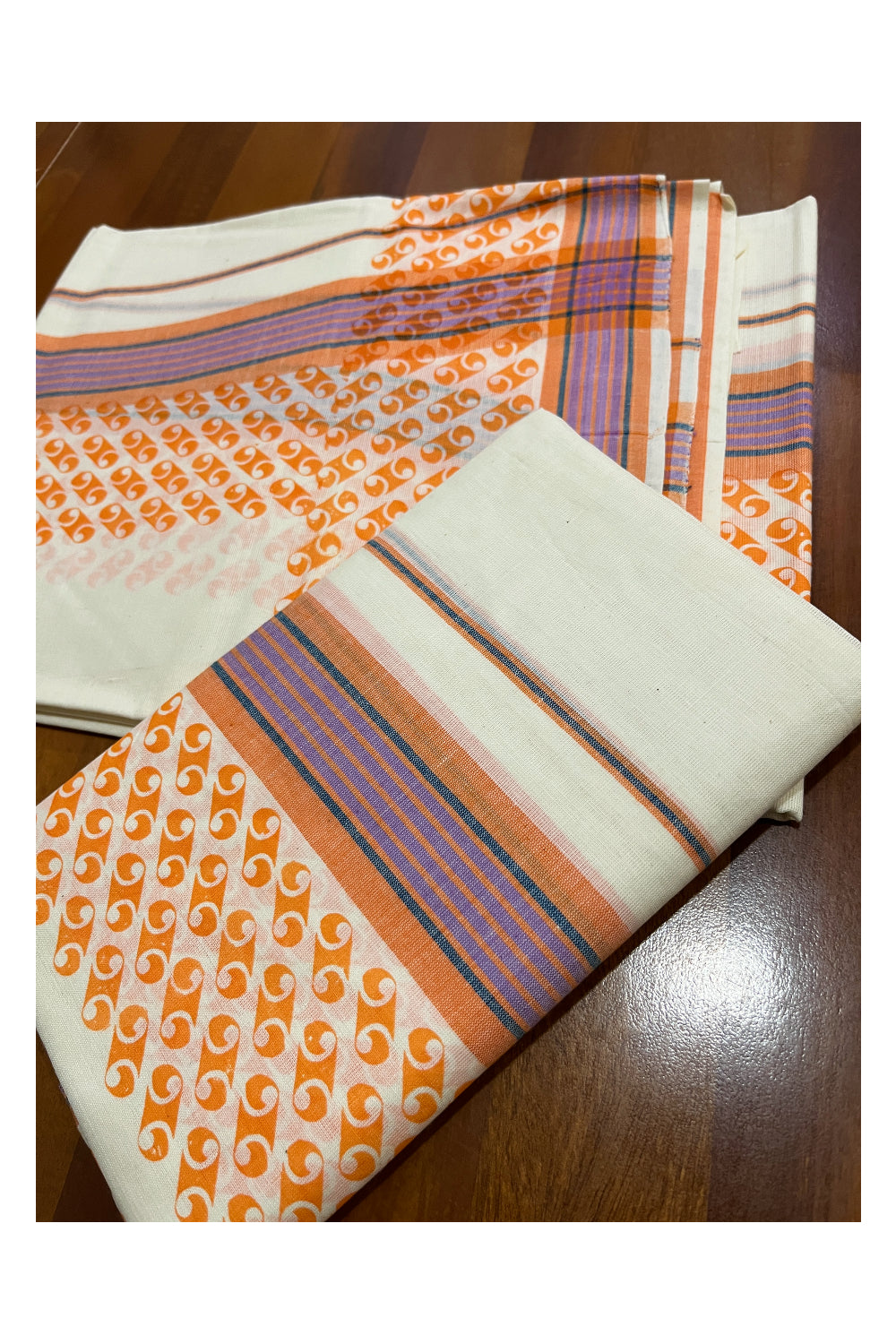 Kerala Cotton Mulloth Mundum Neriyathum Single (Set Mundu) with Orange Block Printed Border (Extra Soft Cotton)