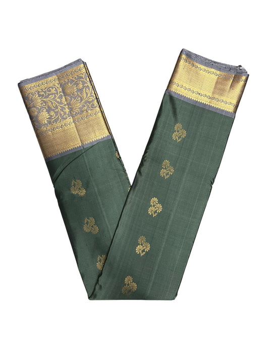 Southloom Premium Bridal Handloom Kanchipuram Silk Saree With Korvai Works (Green & Gray)