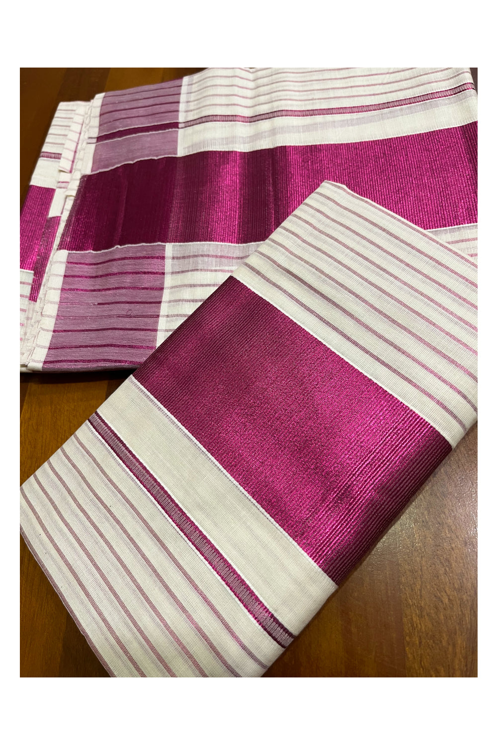 Kerala Cotton Set Mundu (Mundum Neriyathum) with Dark Pink Kasavu Lines Across Body 2.80 Mtrs