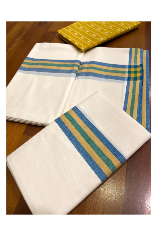 Southloom Mulloth Soft Cotton Blue Yellow Border Set Mundu with Jaipur Printed Blouse Piece (2.60 M Neriyathu / Blouse 1 Meter)