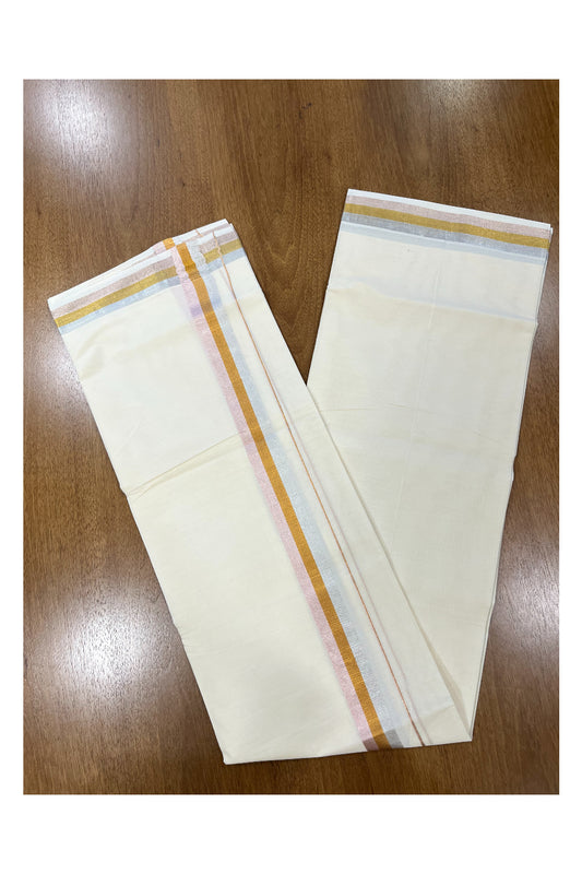 Off White Kerala Double Mundu with Rosegold and Silver Kasavu Kara (South Indian Kerala Dhoti)