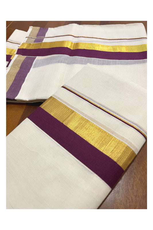 Pure Cotton Kerala Single Set Mundu (Mundum Neriyathum) with Purple and Kasavu Border 2.80 Mtrs