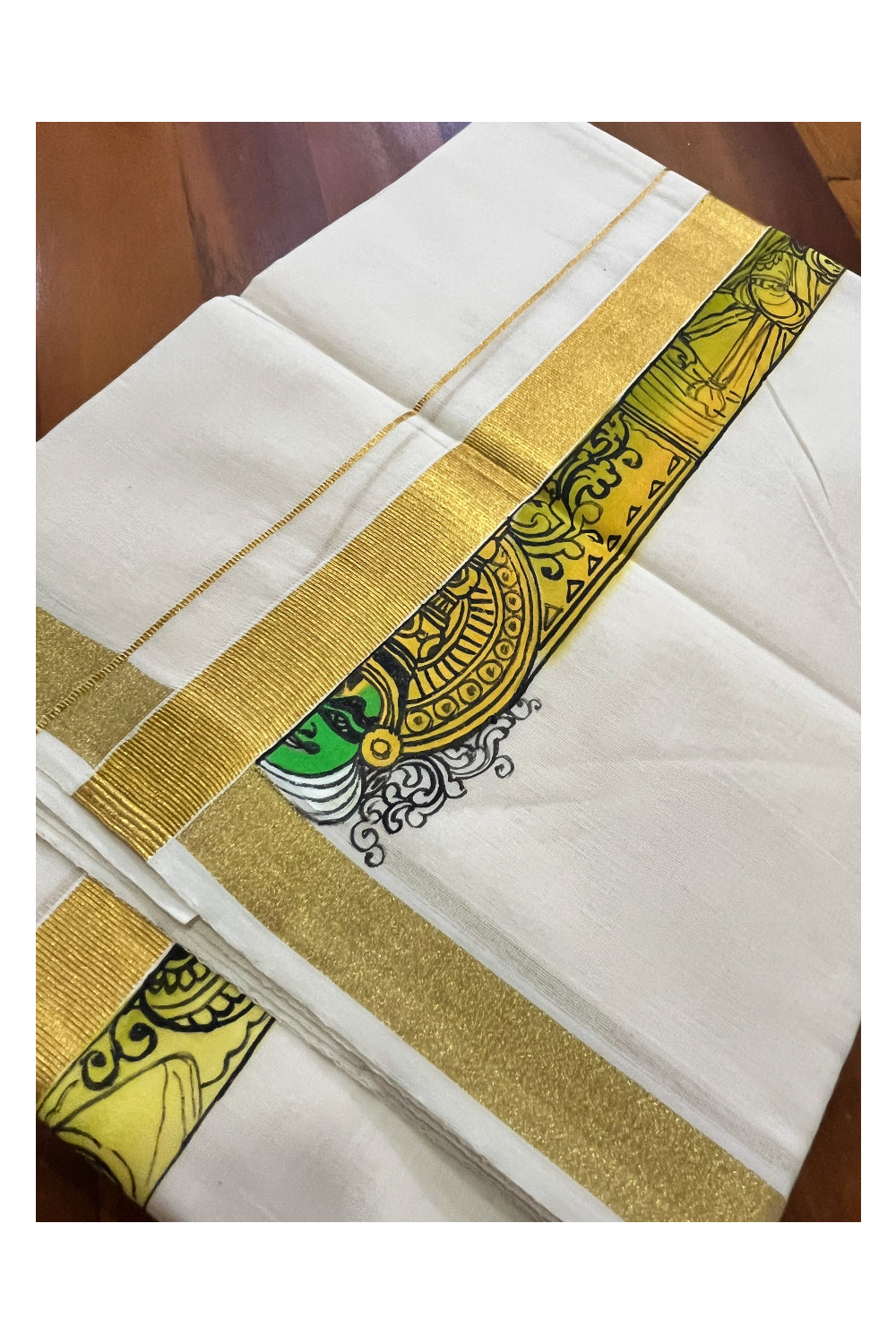 Pure Cotton Kerala Double Mundu with Kathakali Hand Painted Designs on Kasavu Border (Vishu Collection 2024)