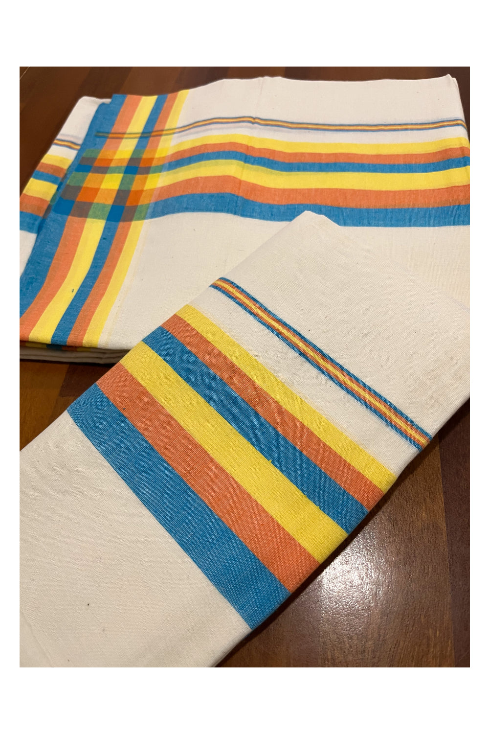 Pure Cotton Mundum Neriyathum Double (Set Mundu) with Blue Orange and Yellow Border