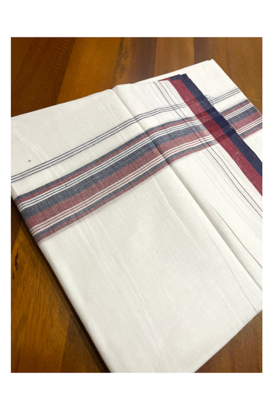 Pure White Cotton Kerala Double Mundu with Maroon Blue Border (South Indian Kerala Dhoti)