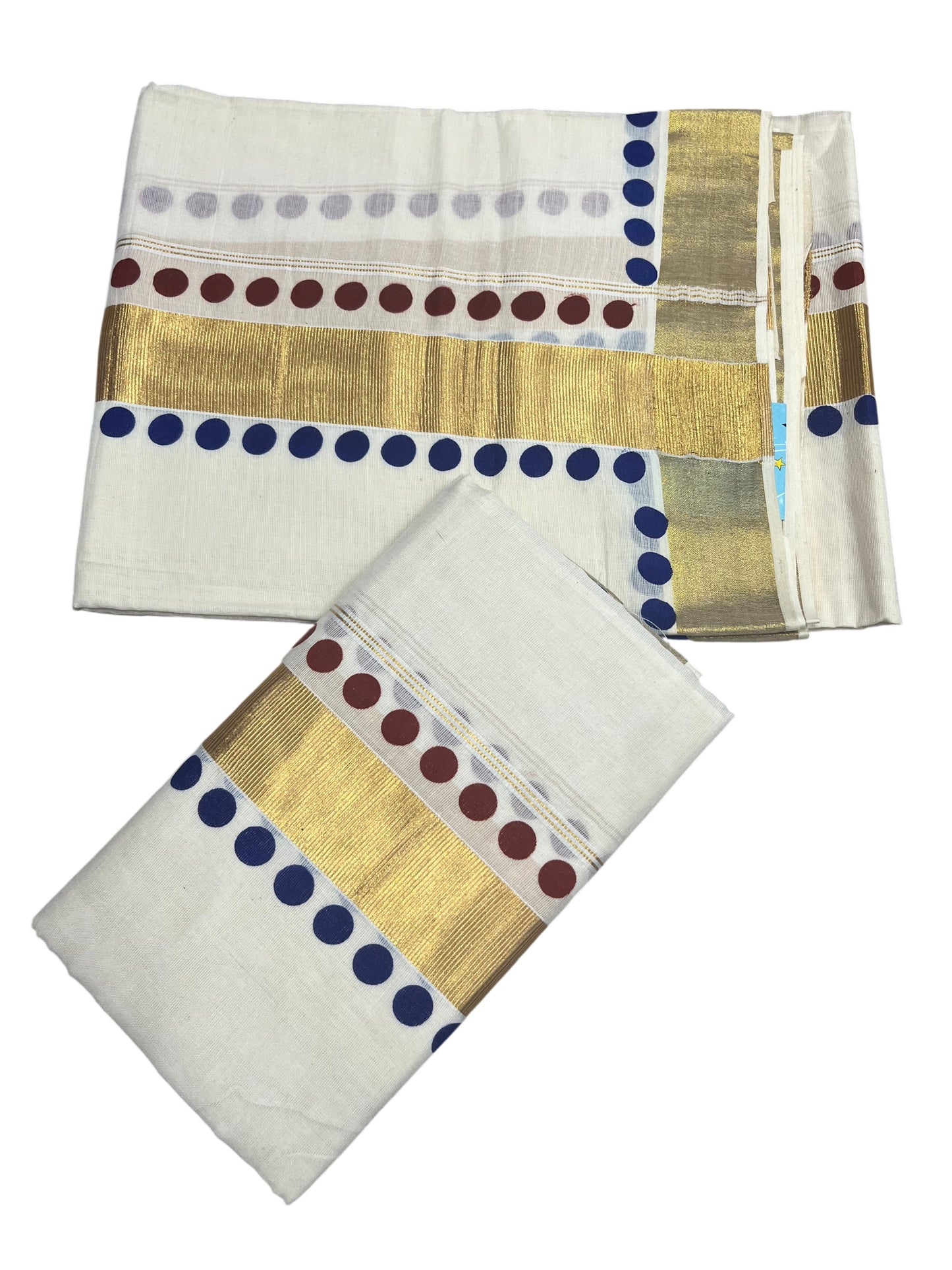 Southloom Kerala Cotton Kasavu Single Set Mundu (Mundum Neriyathum) with Maroon And Blue Polka Dots Border SLKK