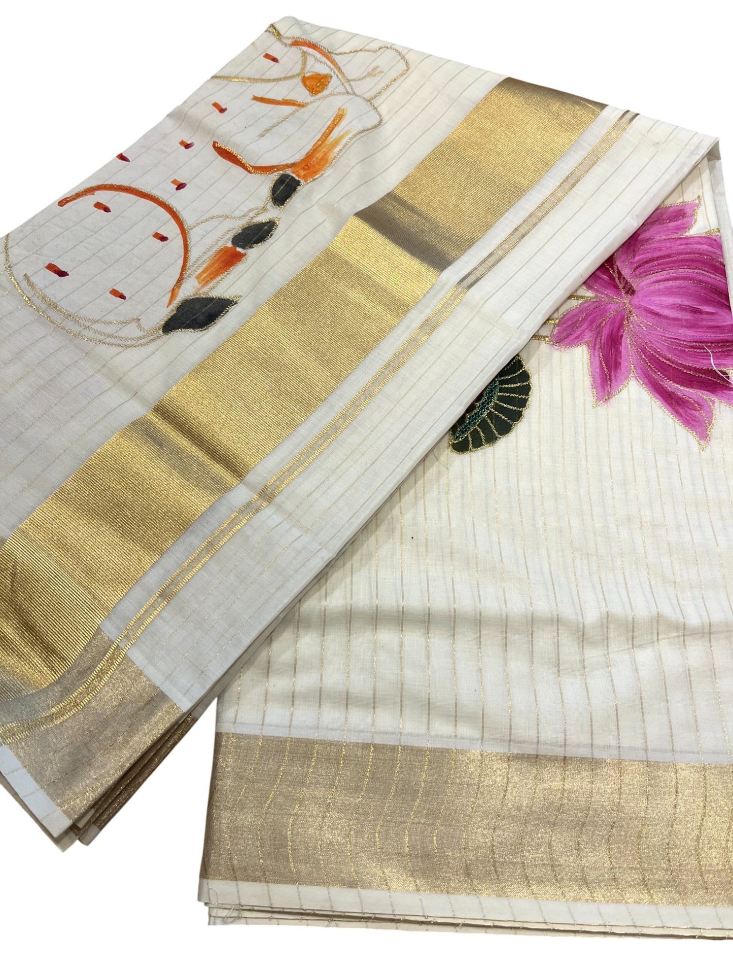 Southloom Cotton Kerala Kasavu Saree with Hand Painted Embroidery Nandi and Lotus Design