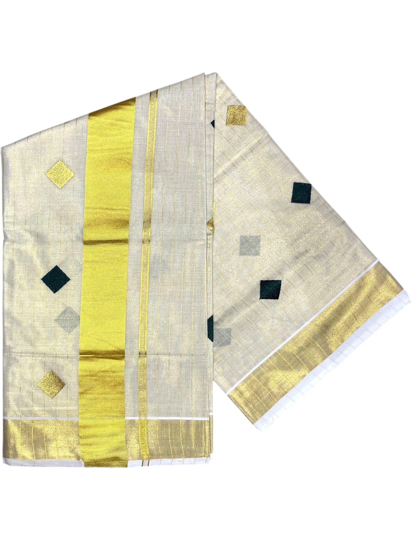 Southloom Kerala Tissue Kasavu Striped Saree with  Diagonal Woven Designs in Green and Gold Body Work