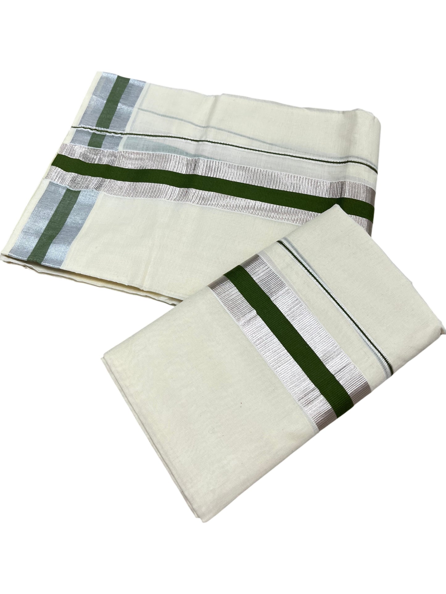 Southloom Kerala Cotton Set Mundu (Mundum Neriyathum) with olive Green and Silver Kasavu Border 2.80 Mtrs