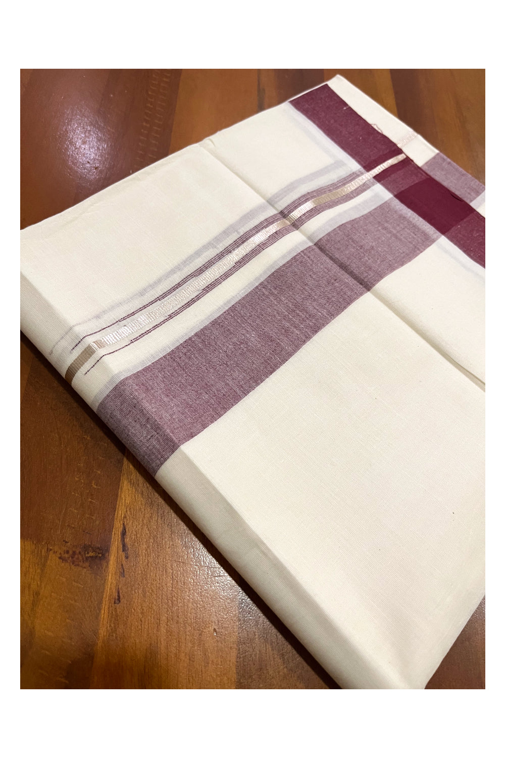 Pure Cotton Kerala Double Mundu with Purple and Kasavu Line Chutti Border (South Indian Kerala Dhoti)