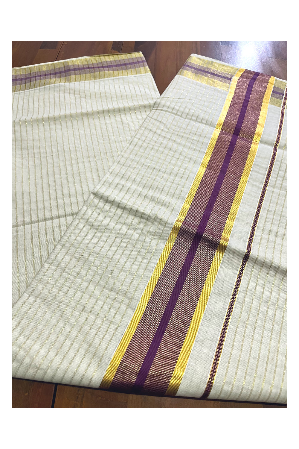 Pure Cotton Kerala Kasavu Lines Design Saree with Purple Border