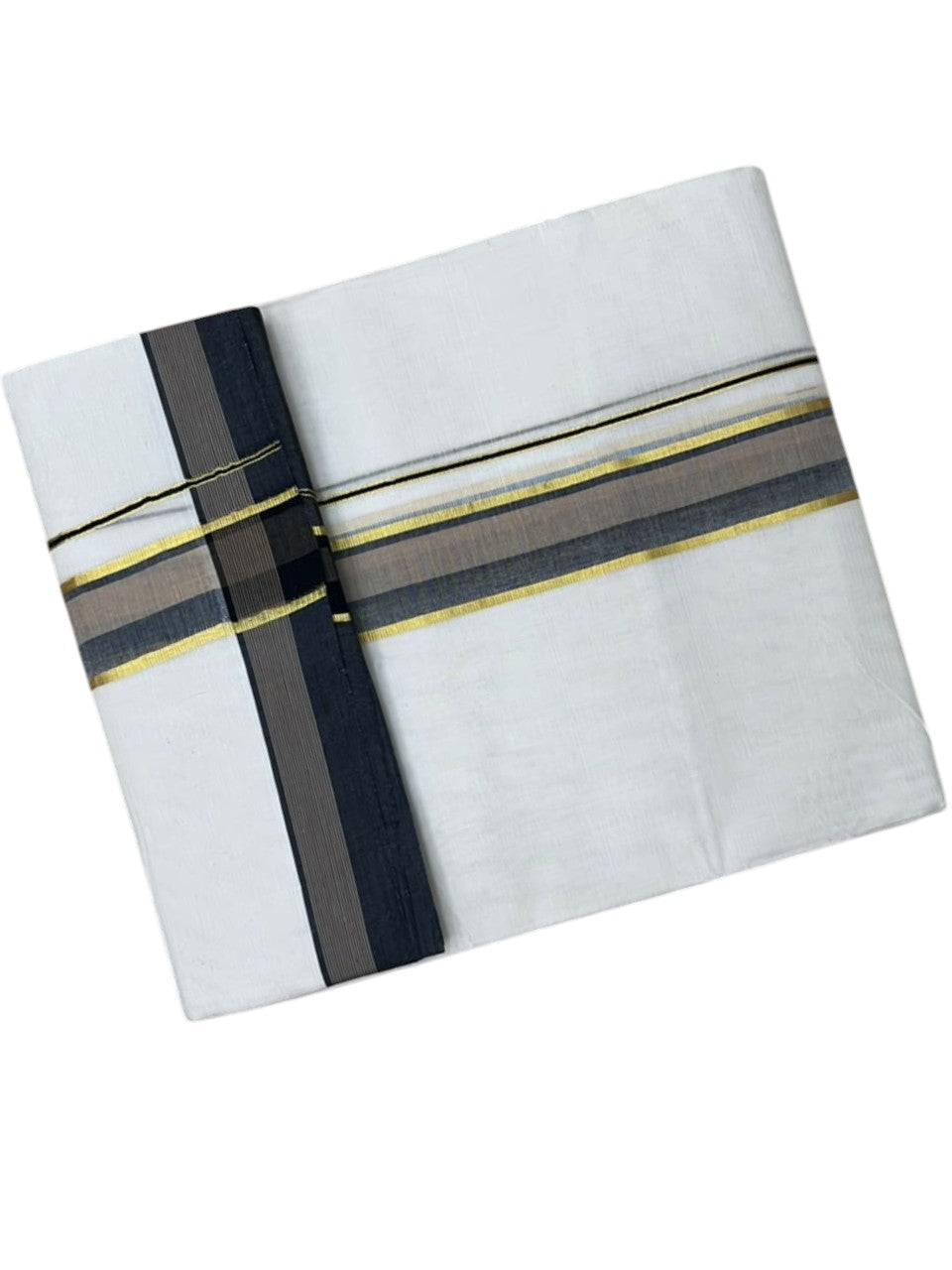 Southloom Pure Cotton Mundu with Siver Lines and Black & Brown  Border (South Indian Kerala Dhoti)