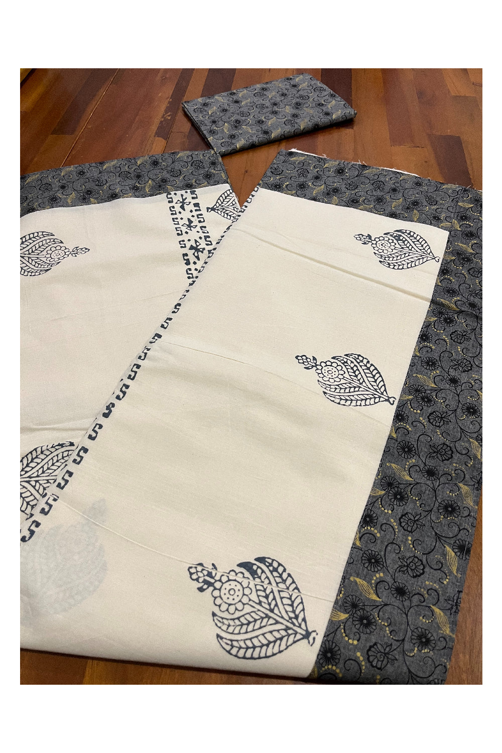 Pure Cotton Kerala Saree with Hand Block Grey Batik Prints on Border