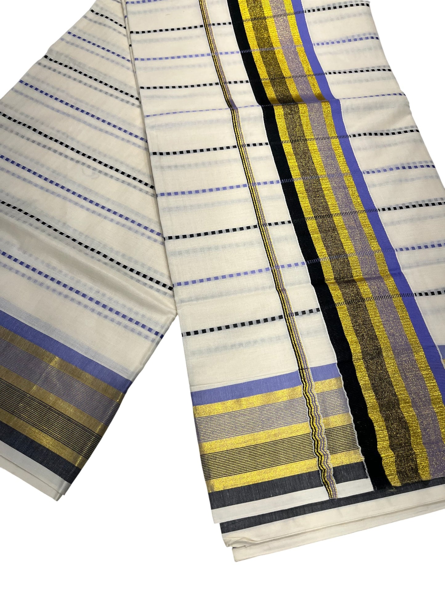 Southloom Cotton Kasavu Saree with Lavendar and Black Thread Work Across Body