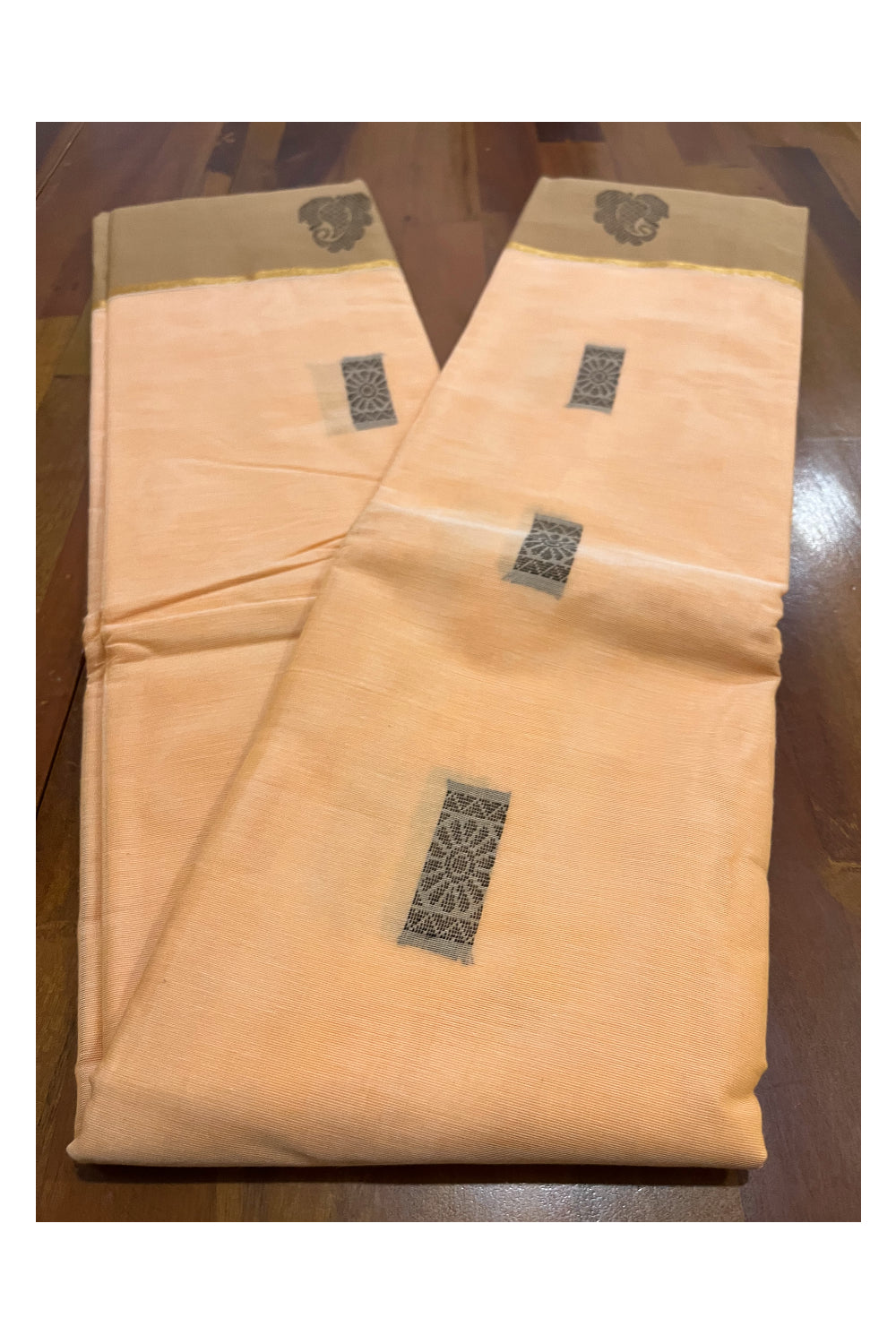 Southloom Cotton Orange Saree with Woven Works on Body and Brown Border