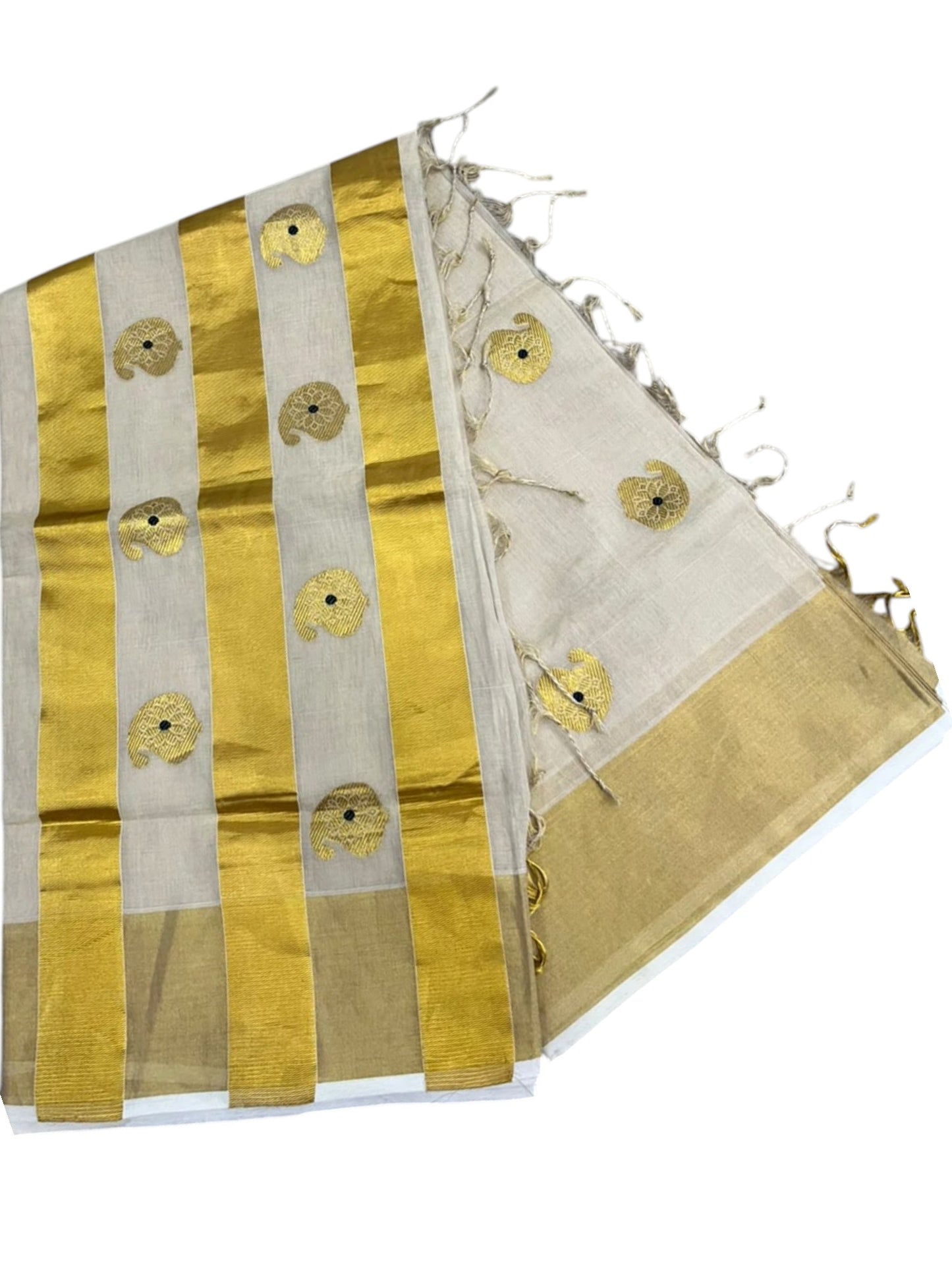 Southloom Super Premium Balaramapuram Handloom Tissue Saree with Butta Design and Gold Kasavu Border