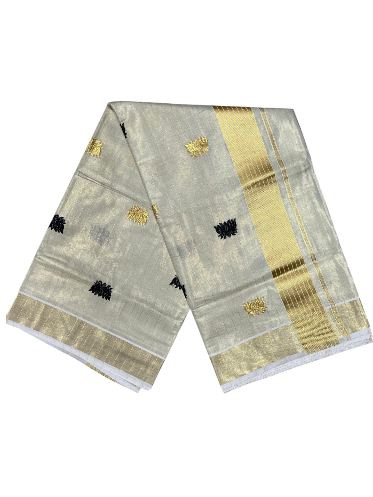 Southloom Kerala Tissue Kasavu Saree with Black&Gold Lotus Embroidery Works