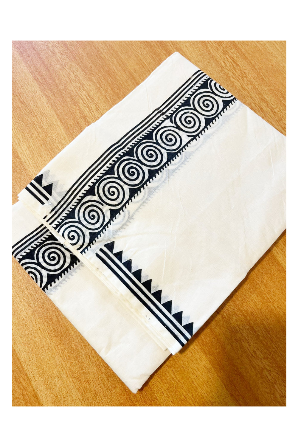 Pure Cotton Off White Double Mundu with Black Block Prints On Border (South Indian Kerala Dhoti)